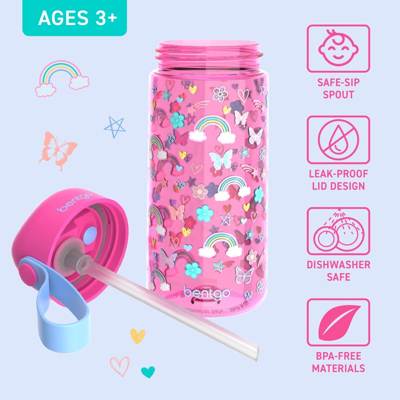 Bentgo Kids Water Bottle - Leak-Proof, Durable Tritan, BPA-Free 15 oz. Cup for Kids/Toddlers Ages 3+, Safe Sip Spout, Carrying Handle, & Dishwasher Safe for School & Sports (Rainbows & Butterflies) - Image 3