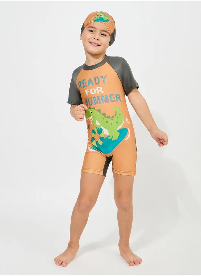 ستايلي Dinosaur Print Swimsuit with Cap Set