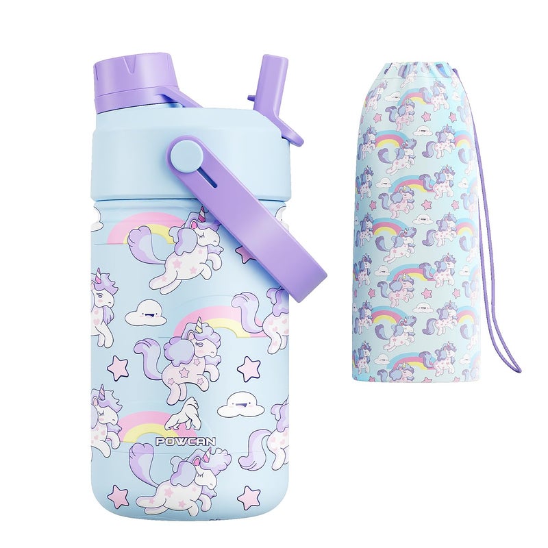 powcan 12 oz Kids Stainless Steel Water Bottle: 2-in-1 Straw Spout Lid, Leakproof, BPA-Free, Easy Clean, Keep Cold 24H, Insulated Cup with Carrier Bag for School, Travel, Playtime, Gift (Dreamy Unicorn) - Image 1