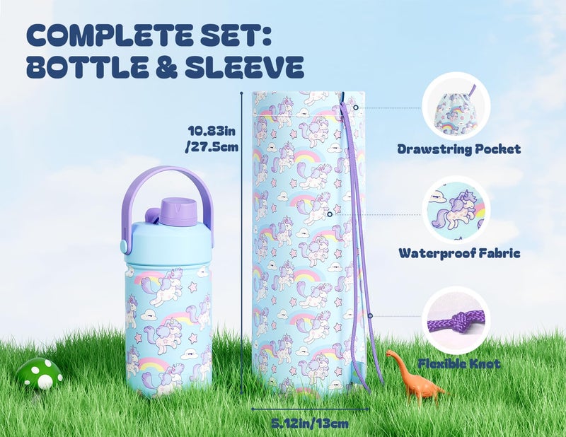 powcan 12 oz Kids Stainless Steel Water Bottle: 2-in-1 Straw Spout Lid, Leakproof, BPA-Free, Easy Clean, Keep Cold 24H, Insulated Cup with Carrier Bag for School, Travel, Playtime, Gift (Dreamy Unicorn) - Image 3