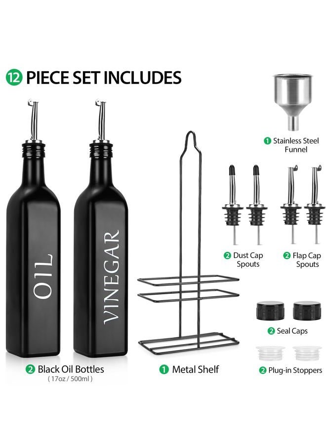 DaiRen Kitchen 2 Pieces Oil and Vinegar Dispenser Set,Black & White Olive Oil Bottle Dispenser with Caddy Holder and Stainless Steel Spout,17oz Cute Vintage Glass Cruet Set for Farmhouse Kitchen（BLACK） - Image 2