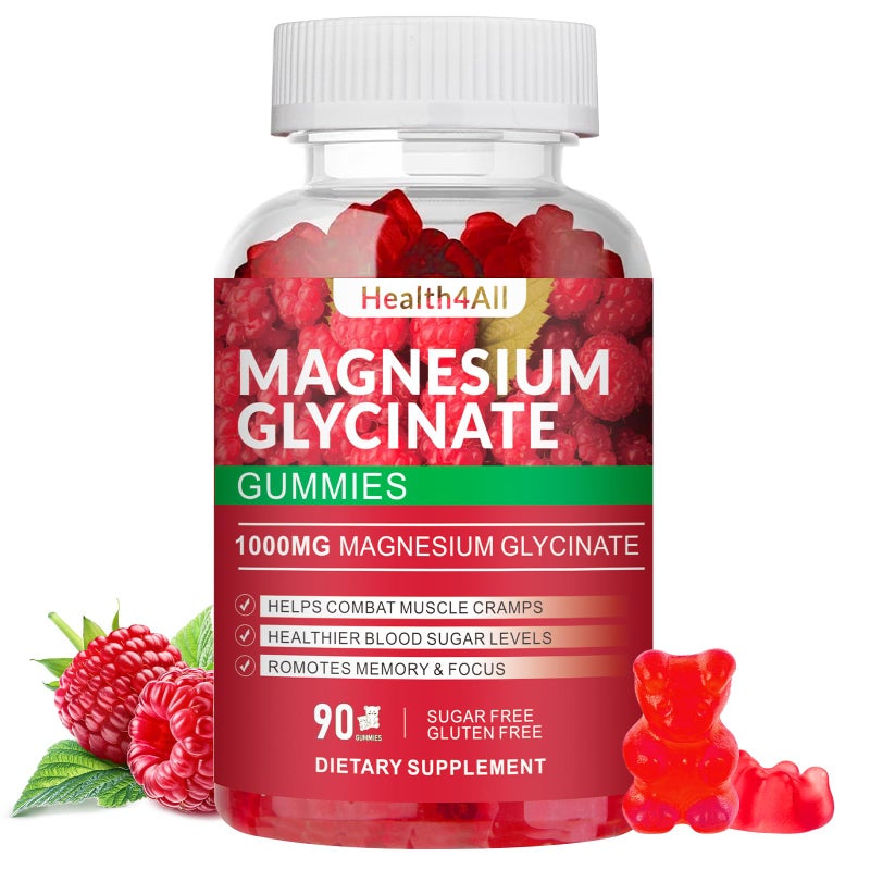 Health4All Magnesium Glycinate Gummies 1000mg High Absorption Sugar Free Magnesium Potassium Supplement for Relaxation Stress Relief and Sleep Support for Adults Kids 90 Raspberry Gummies