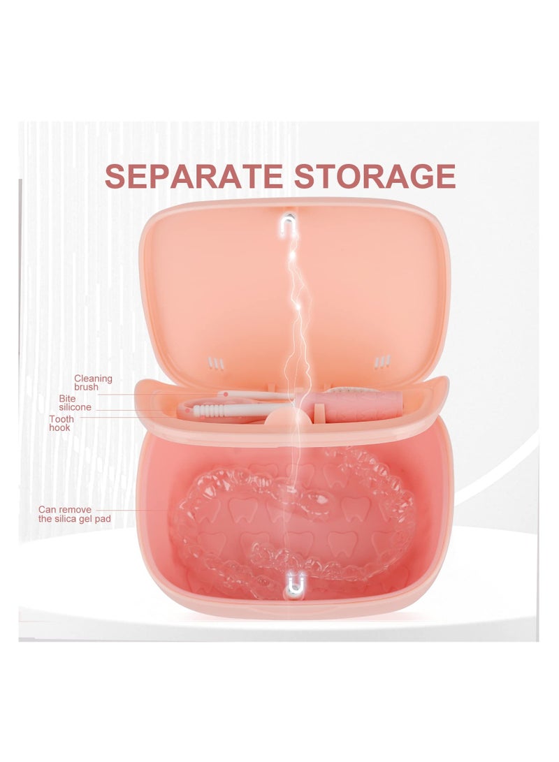 كاست ويف علبة صندوق حمام طقم الأسنان مع مرآة طقم دعامات الأسنان، حقيبة تثبيت محمولة، حامل صندوق تخزين الأسنان الصناعية، مع أداة إزالة التقويم وفرشاة تنظيف (وردي) - Image 3