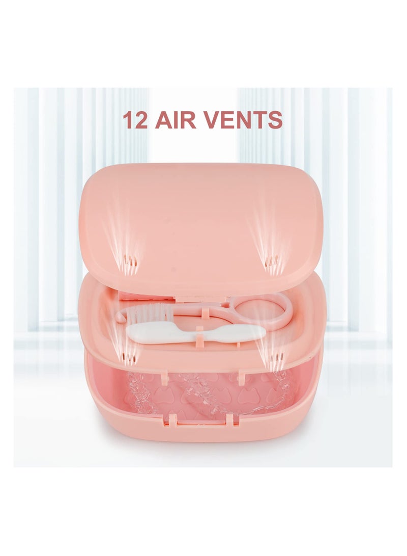 كاست ويف علبة صندوق حمام طقم الأسنان مع مرآة طقم دعامات الأسنان، حقيبة تثبيت محمولة، حامل صندوق تخزين الأسنان الصناعية، مع أداة إزالة التقويم وفرشاة تنظيف (وردي) - Image 4