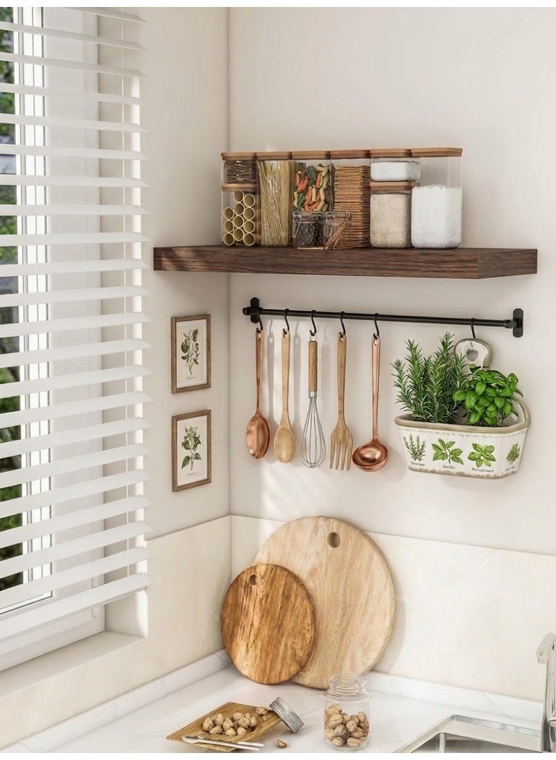 Living 80cm Dark Brown Straight Wooden Wall Shelf | Flat Floating Shelf with No External Brackets | Flexible Wall Arrangement & Display Base - Image 1