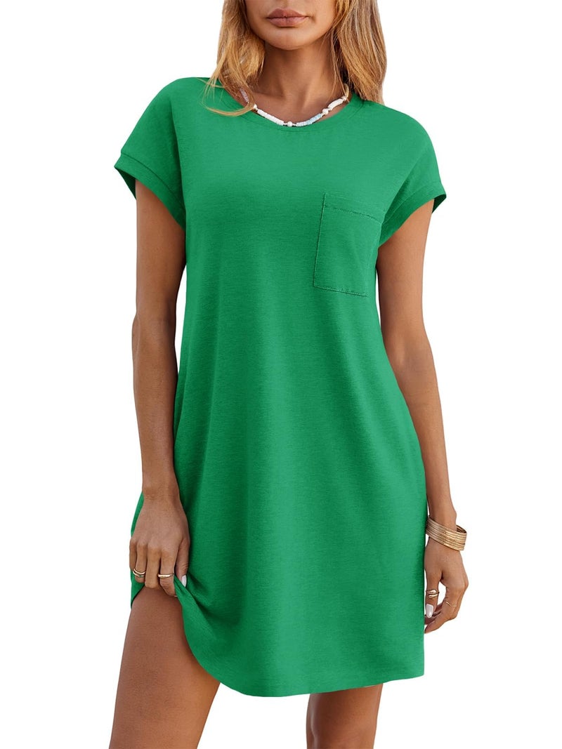 Wenrine Womens Summer T Shirt Dress Casual Short Sleeve Crewneck Loose Flowy Mini Dresses with Pockets Green - Image 1