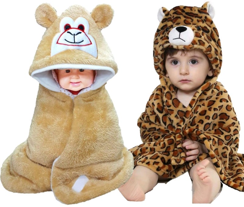 BRANDONN Newborn Combo of 3D Tiger Printed and Furry Glacier Hooded Smily Baby Blanket and Premium Glacier Hooded Baby WrapperPack of 2 BeigeTiger - Image 1