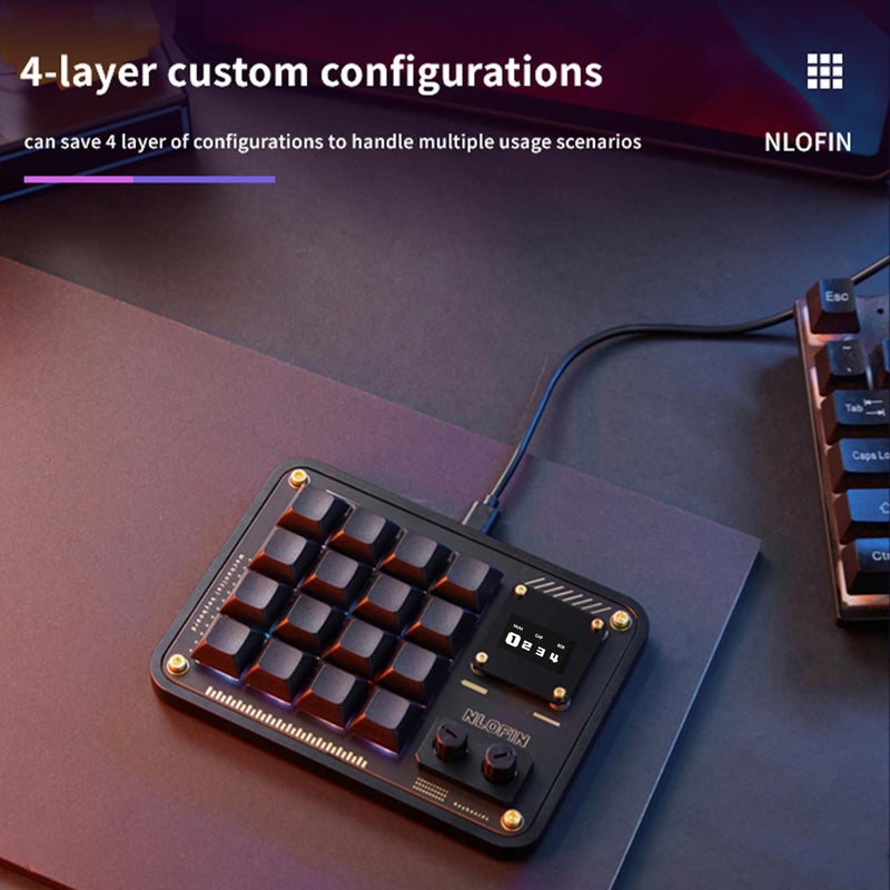NLOFIN Double Knob Custom Macro Pad Programmable Designer Mini Keyboard 16 Keys with Screen (Black,KB16) - Image 3