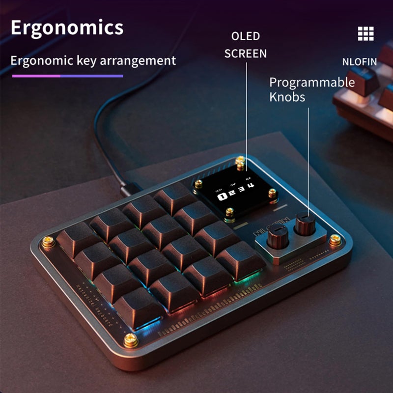NLOFIN Double Knob Custom Macro Pad Programmable Designer Mini Keyboard 16 Keys with Screen (Black,KB16) - Image 2