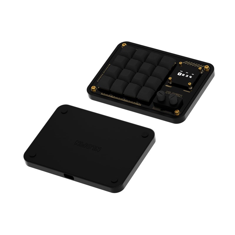 NLOFIN Double Knob Custom Macro Pad Programmable Designer Mini Keyboard 16 Keys with Screen (Black,KB16) - Image 1