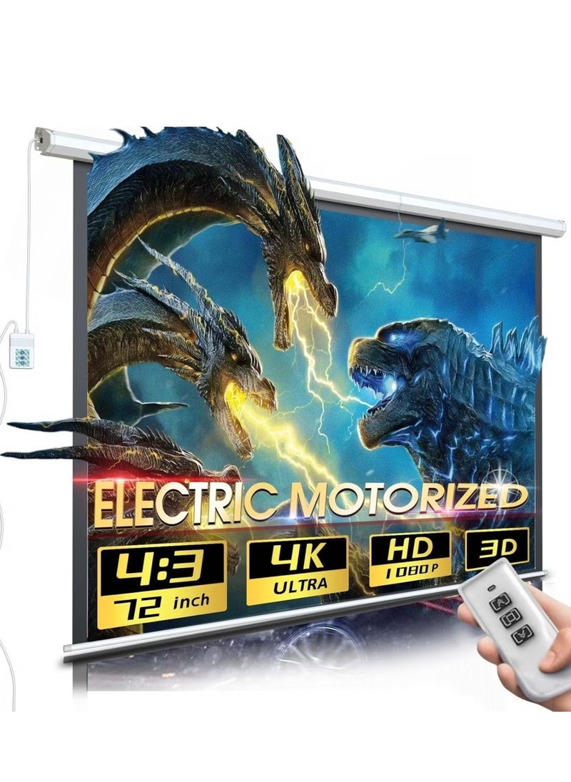 Flash Hawk 72 Inch 4:3 Wall Mount Electric Projector Screen Motorized Projection Curtain with Remote Control For Business/School/Office/Meeting  - Image 1