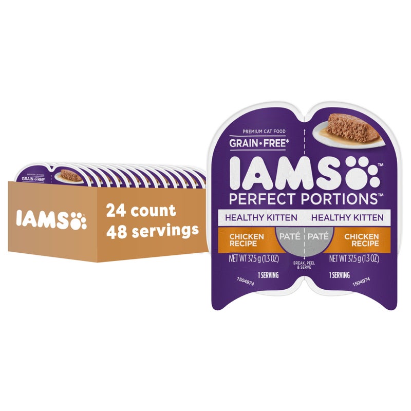 IAMS Perfect Portions Healthy Kitten Grain Free Wet Cat Food Pate, Chicken Recipe, 2.6 oz. Easy Peel Twin-Pack Trays (24 Count, 48 Servings) - Image 1