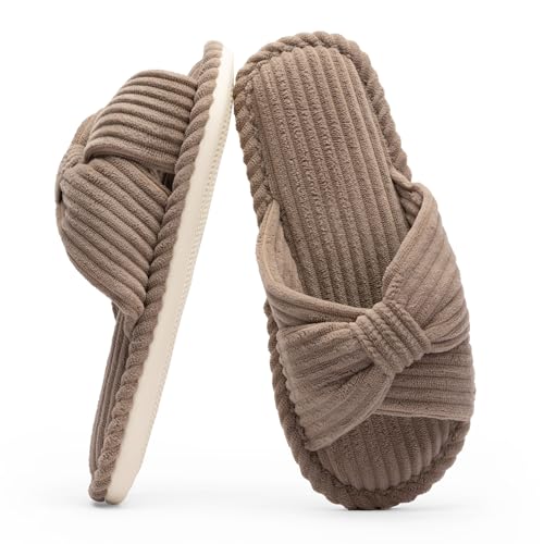 Chantomoo Slippers for Women Memory Foam House Womens Slipper Slides Home Bedroom Bathroom Spa Open Toe Corduroy Bow Slippers Cozy Comfortable Brown Size 7 7.5 8 8.5 - Image 1