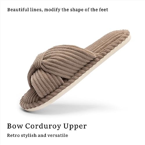 Chantomoo Slippers for Women Memory Foam House Womens Slipper Slides Home Bedroom Bathroom Spa Open Toe Corduroy Bow Slippers Cozy Comfortable Brown Size 7 7.5 8 8.5 - Image 5