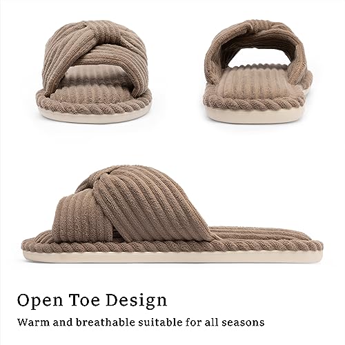 Chantomoo Slippers for Women Memory Foam House Womens Slipper Slides Home Bedroom Bathroom Spa Open Toe Corduroy Bow Slippers Cozy Comfortable Brown Size 7 7.5 8 8.5 - Image 3