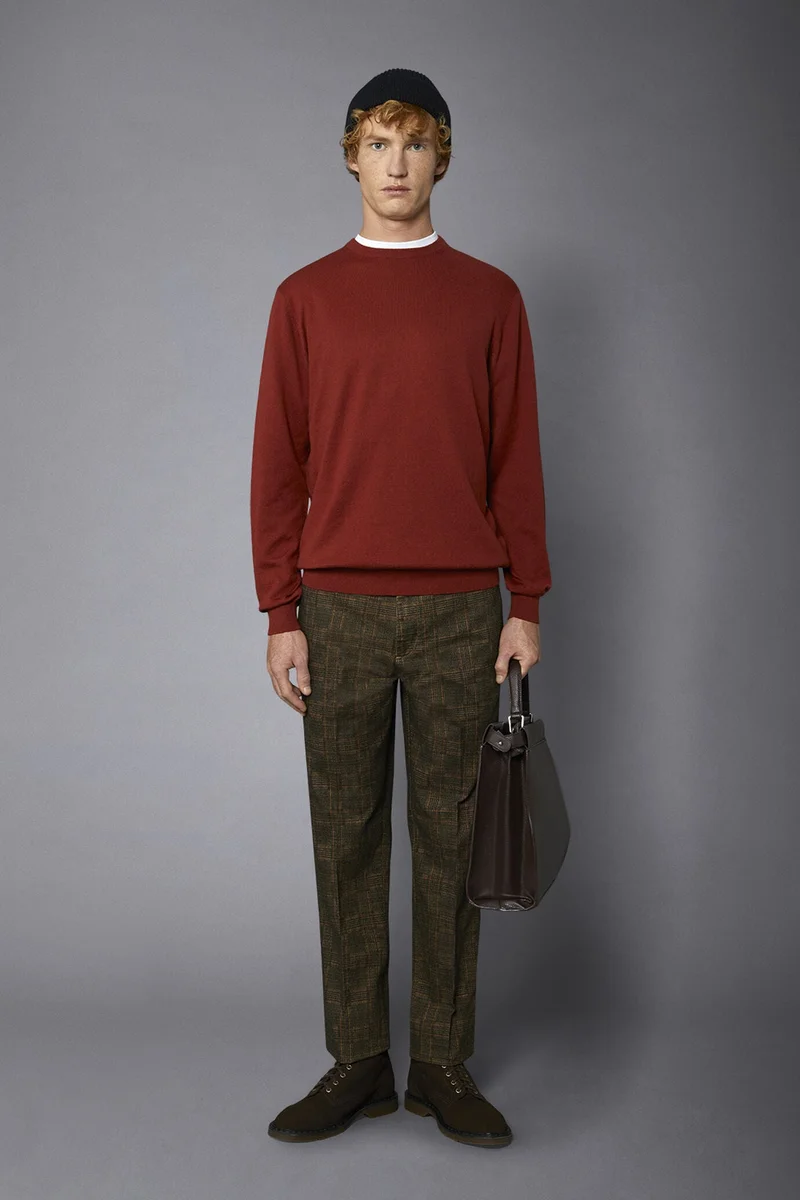 دوبل غانغر Men's roundneck wool and cotton sweater - Clay