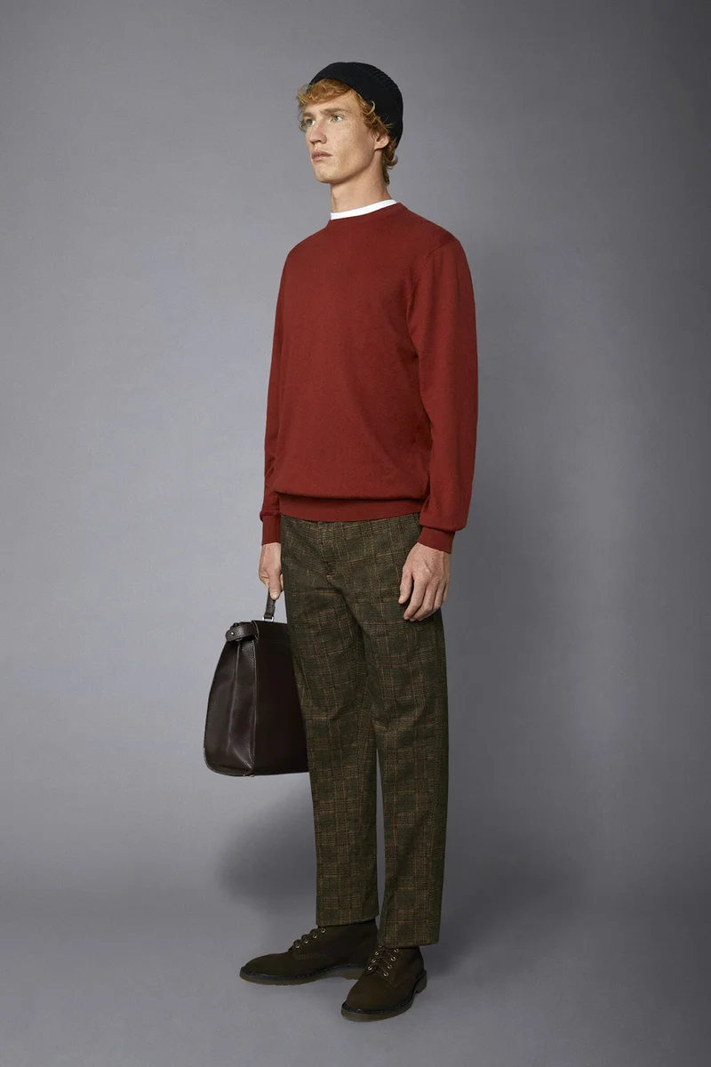 دوبل غانغر Men's roundneck wool and cotton sweater - Clay