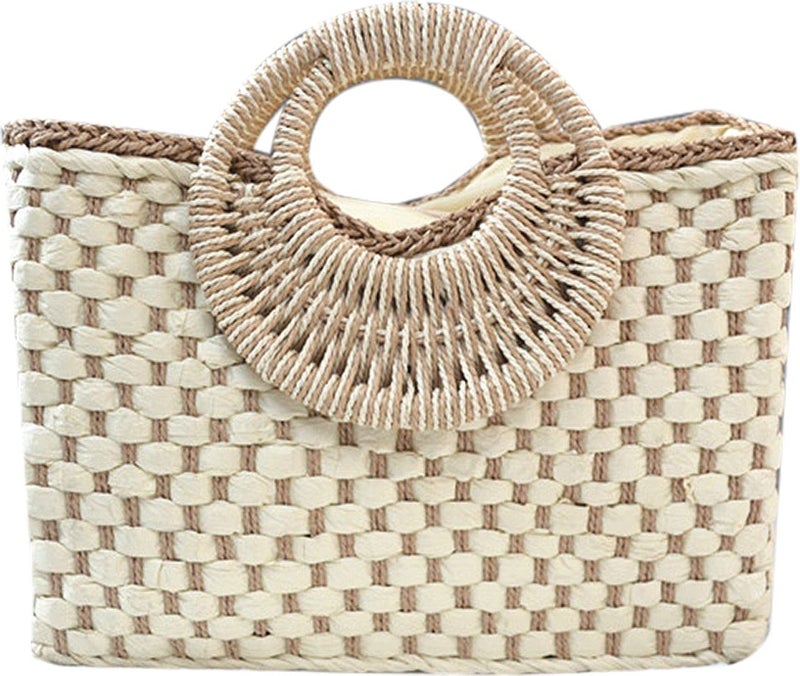 QZUnique Hand-woven Straw Bag Women Summer Beach Handbag Casual Satchel Retro Top Handle Tote Clutch - Image 1