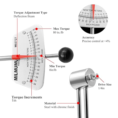 MILMUMU 1/4" Drive Beam Torque Wrench Precision Instrument-Compatible with SAE and MM Bicycle and Automotive Wrench -0-80 Inch-Pounds, 0-9 Newton Meters - Image 4