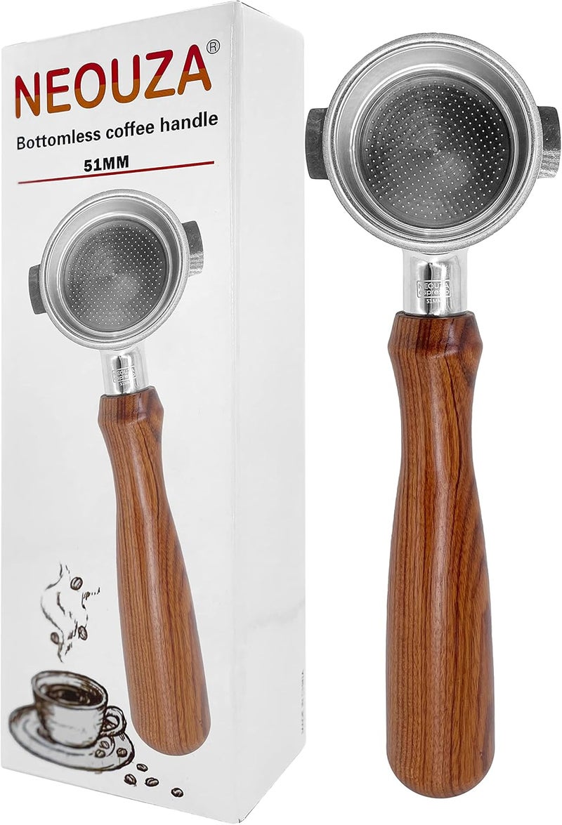 NEOUZA بورتافيلتر إسبريسو بدون قاع NEOUZA 51 مم لجهاز ديلونجي ECP3121 ECP3321 ECP3531 ECOV311304 من الفولاذ المقاوم للصدأ مع مقبض من خشب الورد وسلة فلتر كوب - Image 1