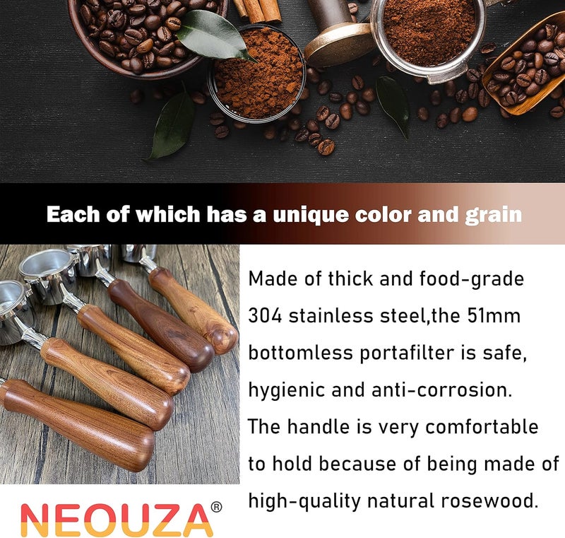 NEOUZA بورتافيلتر إسبريسو بدون قاع NEOUZA 51 مم لجهاز ديلونجي ECP3121 ECP3321 ECP3531 ECOV311304 من الفولاذ المقاوم للصدأ مع مقبض من خشب الورد وسلة فلتر كوب - Image 4