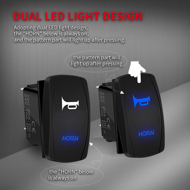 DAIERTEK 12V Horn Button Momentary Rocker Switch Blue LED 12 Volt Ranger Auto Train ATV UTV RZR Boat Marine Toggle Switch Waterproof - Image 3