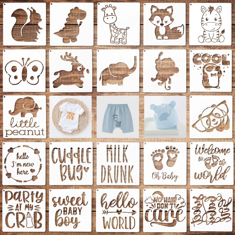Varku 22 PCS Baby Shower Stencils PET for Onesie Infant Onepiece Deorative Kit Lovely Cartoon Boy Girl Baby Shirt Fabric Stencils for Clothes Phrases Mixed Animal Patterns Templates - Image 3