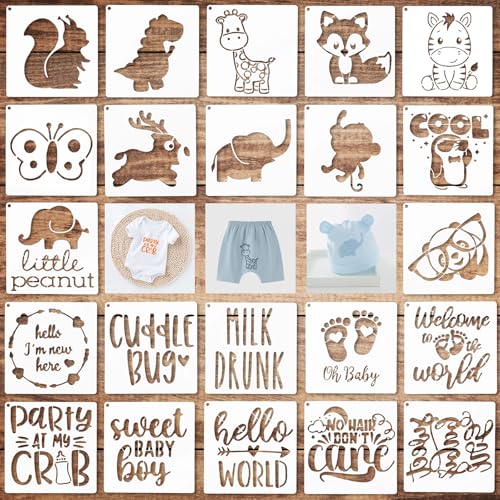 Varku 22 PCS Baby Shower Stencils PET for Onesie Infant Onepiece Deorative Kit Lovely Cartoon Boy Girl Baby Shirt Fabric Stencils for Clothes Phrases Mixed Animal Patterns Templates - Image 1