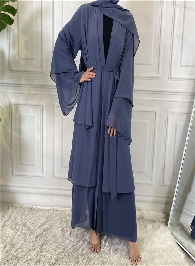 Loquat Pure Color Simple Three Layer Chiffon Cardigan Gown Abaya - Image 2