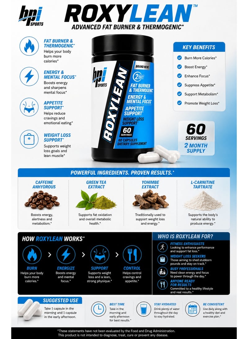 BPI Sports RoxyLean Fat Burner & Thermogenic Supplement, 60 Capsules, Energy & Weight Loss Support - Image 3