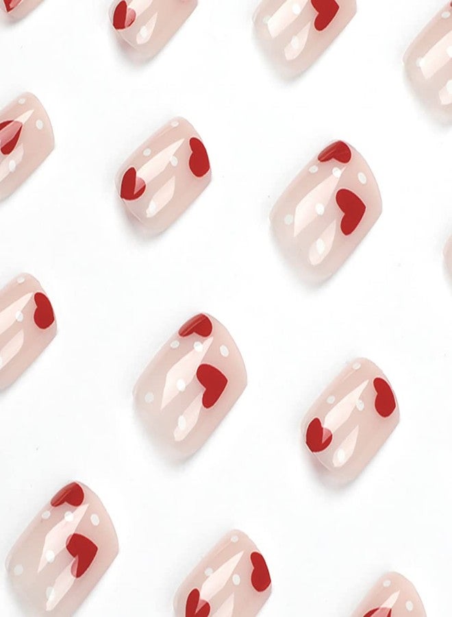 Tyemp Valentine's Day Press on Nails, Short Square Fake Nails with Glossy Red White Heart Design False Nails Acrylic Artificial False Nail Full Cover Glue on Nails Cute False Nails for Women and Girls (24Pcs) - Image 2