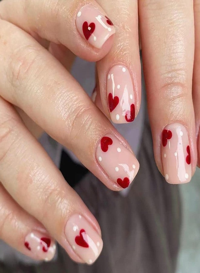 Tyemp Valentine's Day Press on Nails, Short Square Fake Nails with Glossy Red White Heart Design False Nails Acrylic Artificial False Nail Full Cover Glue on Nails Cute False Nails for Women and Girls (24Pcs) - Image 1