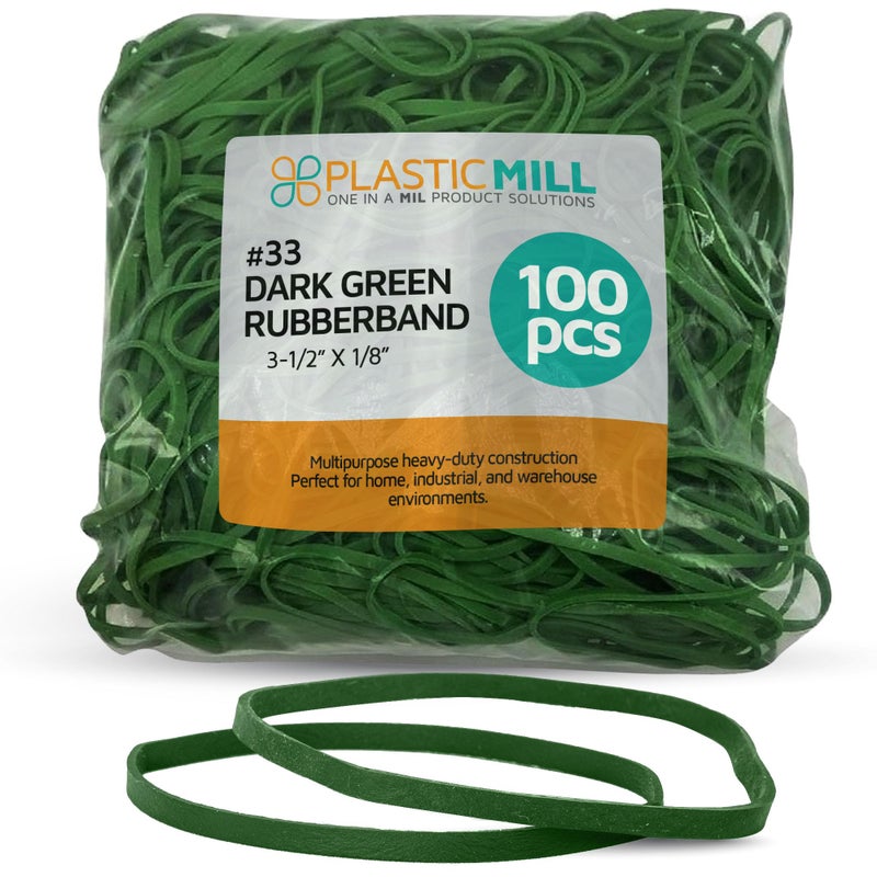 PlasticMill Dark Green Rubber Bands Size 33 (3 1/2" x 1/8") - #33 Colored Rubber Bands Office Supplies - Strong, Elastic Bands for Crafts, Balloon Garland, Cash, File Folders (100-Pack) - Image 1