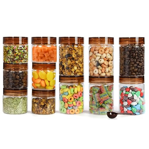 Homeor Plastic Storage Jar & Containers With Spoon, Airtight & BPA Free Containers for Kitchen, Grocery Kitchen Container, Multipurpose Jar | 200 ML - 6 Pcs, 300 ML - 6 Pcs, Set of 12, Brown - Image 1