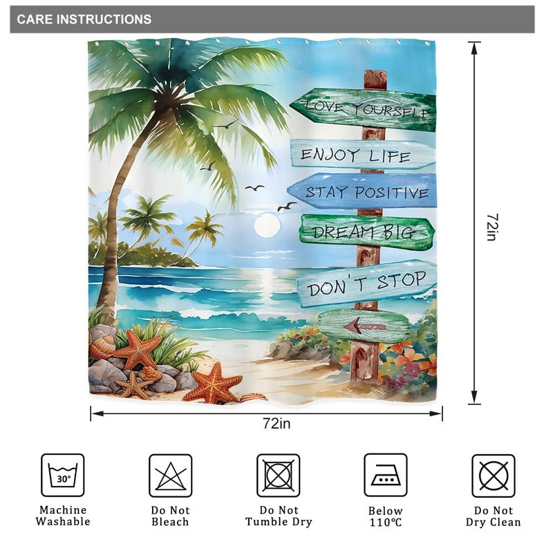 ريديكور رايديكور ستارة دش شجرة النخيل الاستوائية لديكور الحمام 72WX72H الشاطئ الساحلي الساحلي الأزرق البحري بحر البحر الغروب الفرس الفني المطبوع من البوليستر مقاوم للماء 12 حزمة البلاستيك - Image 5