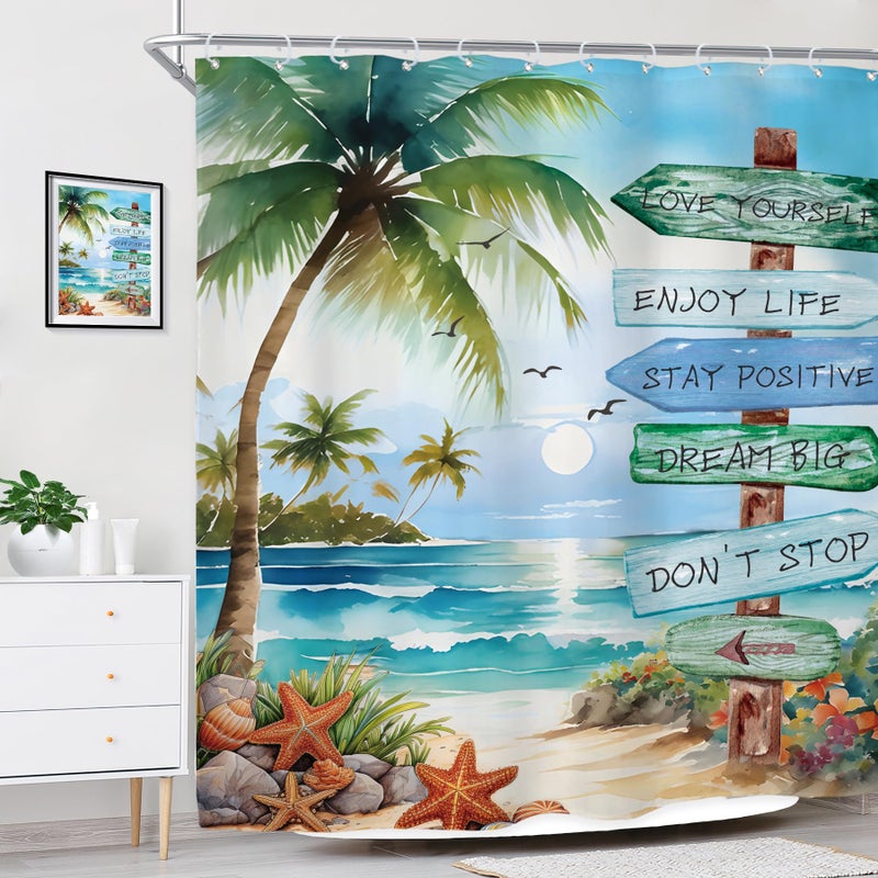 ريديكور رايديكور ستارة دش شجرة النخيل الاستوائية لديكور الحمام 72WX72H الشاطئ الساحلي الساحلي الأزرق البحري بحر البحر الغروب الفرس الفني المطبوع من البوليستر مقاوم للماء 12 حزمة البلاستيك - Image 3