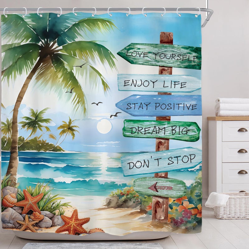 ريديكور رايديكور ستارة دش شجرة النخيل الاستوائية لديكور الحمام 72WX72H الشاطئ الساحلي الساحلي الأزرق البحري بحر البحر الغروب الفرس الفني المطبوع من البوليستر مقاوم للماء 12 حزمة البلاستيك - Image 2