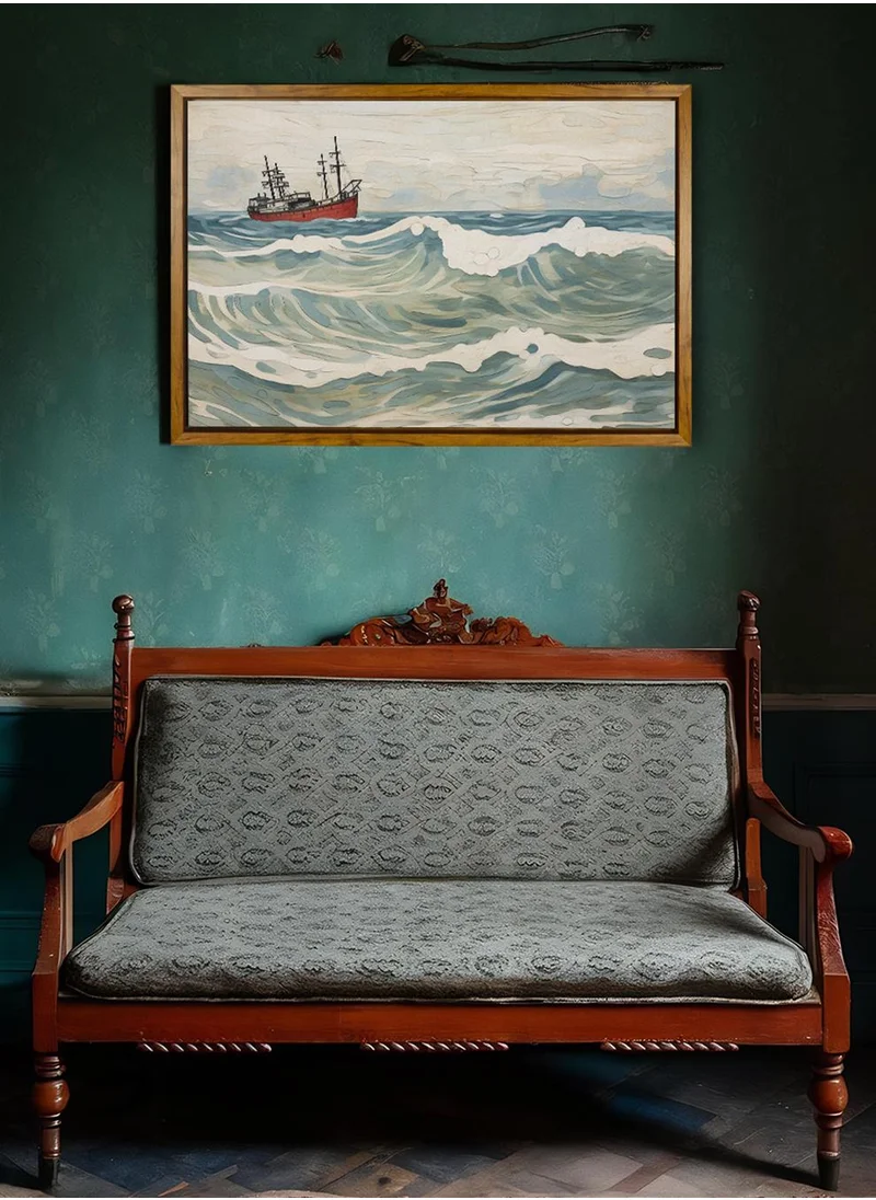 LOWHA Canvas Wall Art Stretched Over Wooden Frame with Wooden Color Floating Frame and Vintage Style Stormy Sailing Painting