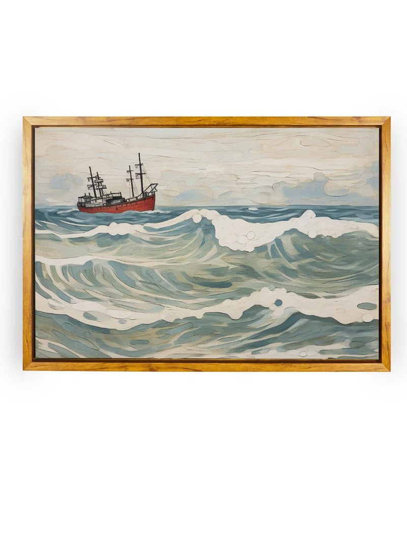 LOWHA Canvas Wall Art Stretched Over Wooden Frame with Wooden Color Floating Frame and Vintage Style Stormy Sailing Painting - Image 5
