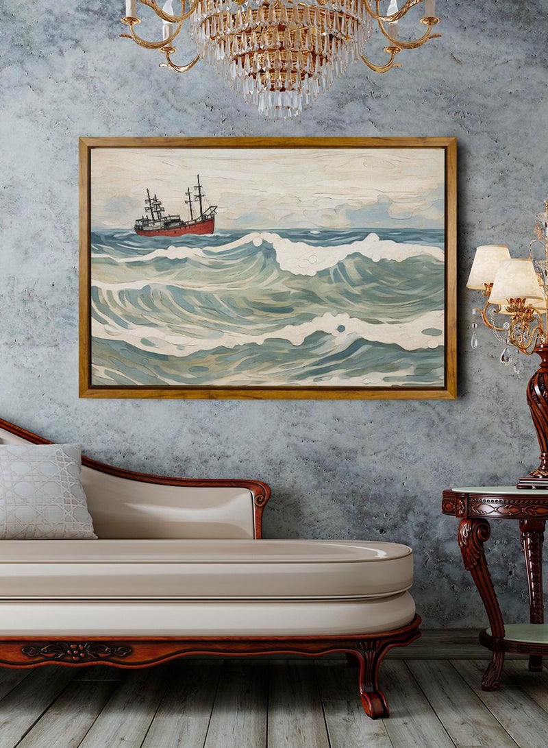 LOWHA Canvas Wall Art Stretched Over Wooden Frame with Wooden Color Floating Frame and Vintage Style Stormy Sailing Painting - Image 3