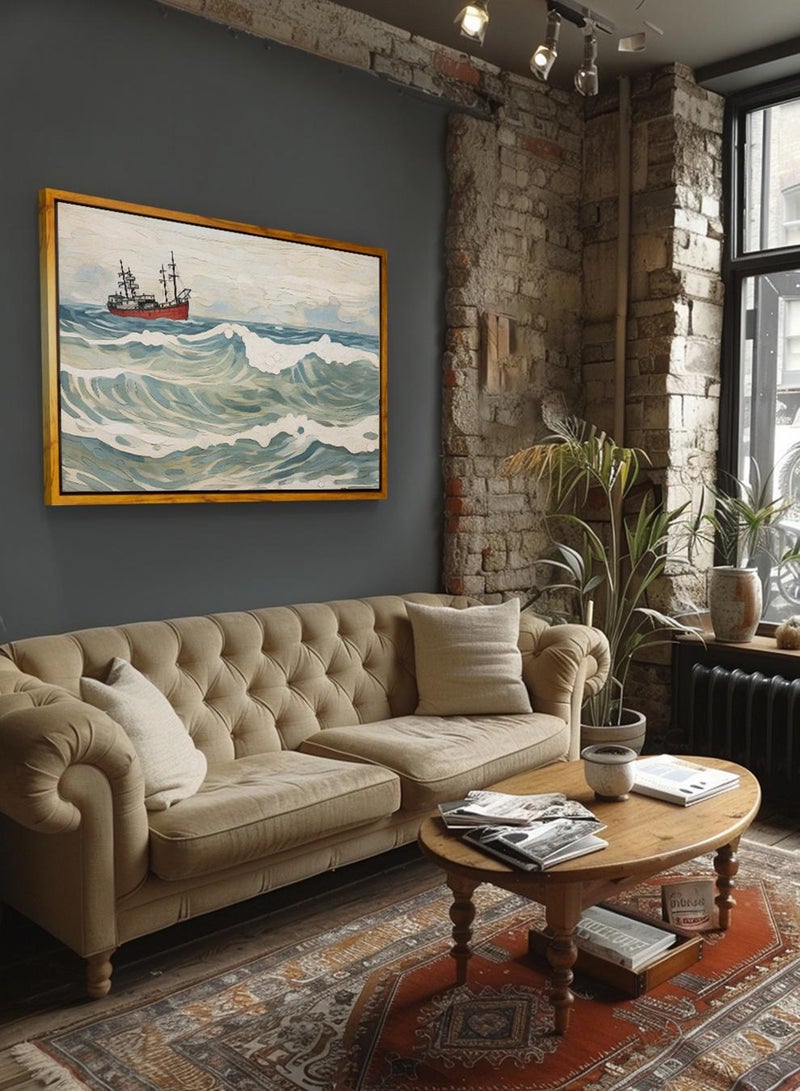 LOWHA Canvas Wall Art Stretched Over Wooden Frame with Wooden Color Floating Frame and Vintage Style Stormy Sailing Painting - Image 2