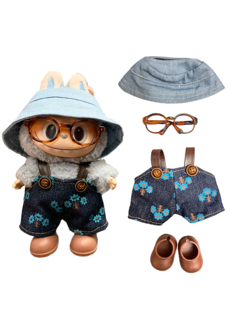 CUNUUDOOL 4pcs Cool Clothes Set & Outfit Set For 17cm Dolls, Labubu Clothes,Include:Cowboy Hat,Blue Small Flower Bib Pants,Brown Shoes And Glasses Accessories.Interchangeable Clothing For 1/2/3, Generation. - Image 1