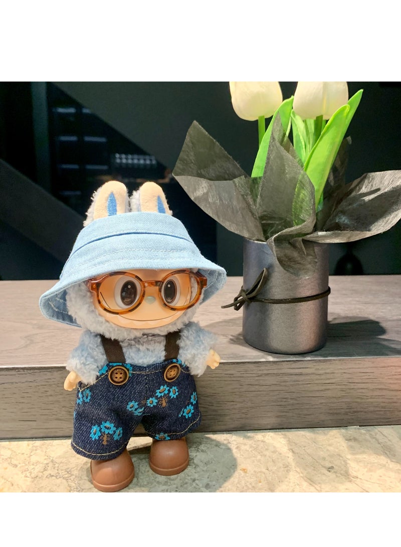 CUNUUDOOL 4pcs Cool Clothes Set & Outfit Set For 17cm Dolls, Labubu Clothes,Include:Cowboy Hat,Blue Small Flower Bib Pants,Brown Shoes And Glasses Accessories.Interchangeable Clothing For 1/2/3, Generation. - Image 3