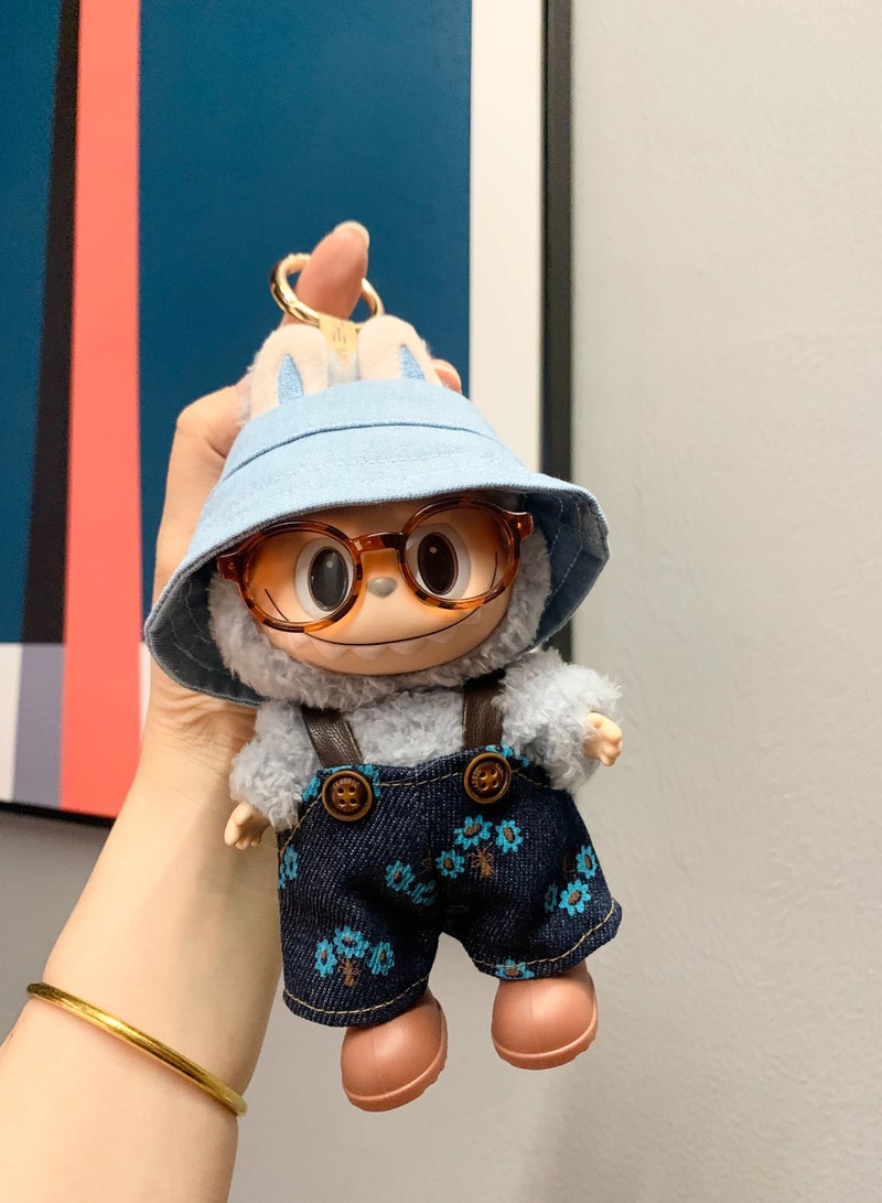 CUNUUDOOL 4pcs Cool Clothes Set & Outfit Set For 17cm Dolls, Labubu Clothes,Include:Cowboy Hat,Blue Small Flower Bib Pants,Brown Shoes And Glasses Accessories.Interchangeable Clothing For 1/2/3, Generation. - Image 4