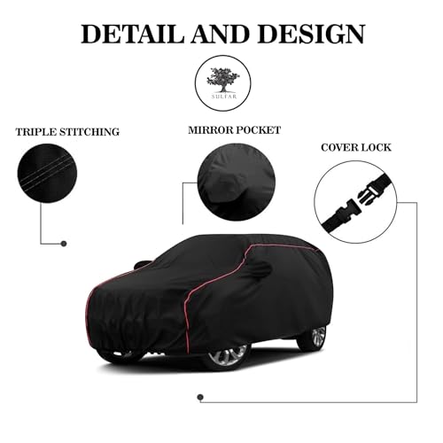Sulfar 100% Water Resistant Car Body Cover Compatible with Mirror for Land Rover Discovery Sport (Triple Stitched, Full Bottom Elastic, Black with Red Piping) - Image 4
