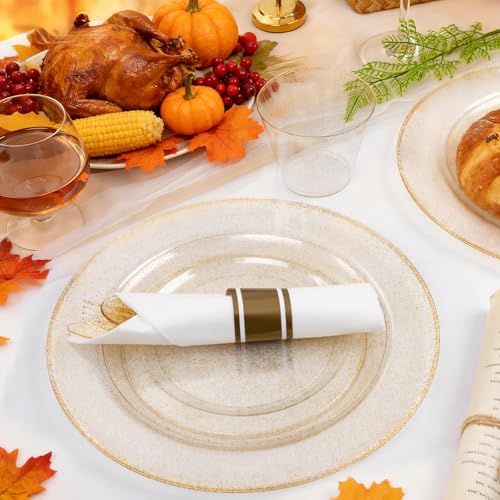 WELLIFE 210Pcs Gold Glitter Dinnerware Set, Gold Glitter Disposable Dinnerware for 30 Guests, Include: 30Dinner Plates, 30Dessert Plates, 90Gold Glitter Silverware, 30 Cups, 30 Paper Napkins - Image 4
