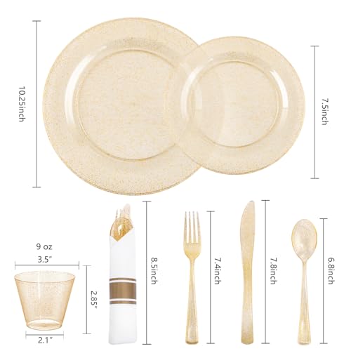 WELLIFE 210Pcs Gold Glitter Dinnerware Set, Gold Glitter Disposable Dinnerware for 30 Guests, Include: 30Dinner Plates, 30Dessert Plates, 90Gold Glitter Silverware, 30 Cups, 30 Paper Napkins - Image 2