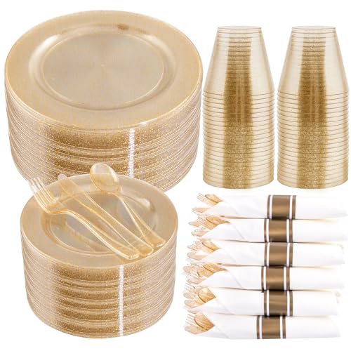 WELLIFE 210Pcs Gold Glitter Dinnerware Set, Gold Glitter Disposable Dinnerware for 30 Guests, Include: 30Dinner Plates, 30Dessert Plates, 90Gold Glitter Silverware, 30 Cups, 30 Paper Napkins - Image 1