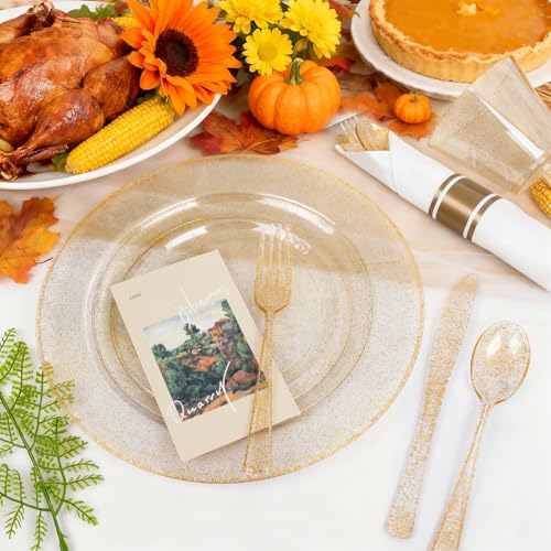 WELLIFE 210Pcs Gold Glitter Dinnerware Set, Gold Glitter Disposable Dinnerware for 30 Guests, Include: 30Dinner Plates, 30Dessert Plates, 90Gold Glitter Silverware, 30 Cups, 30 Paper Napkins - Image 3