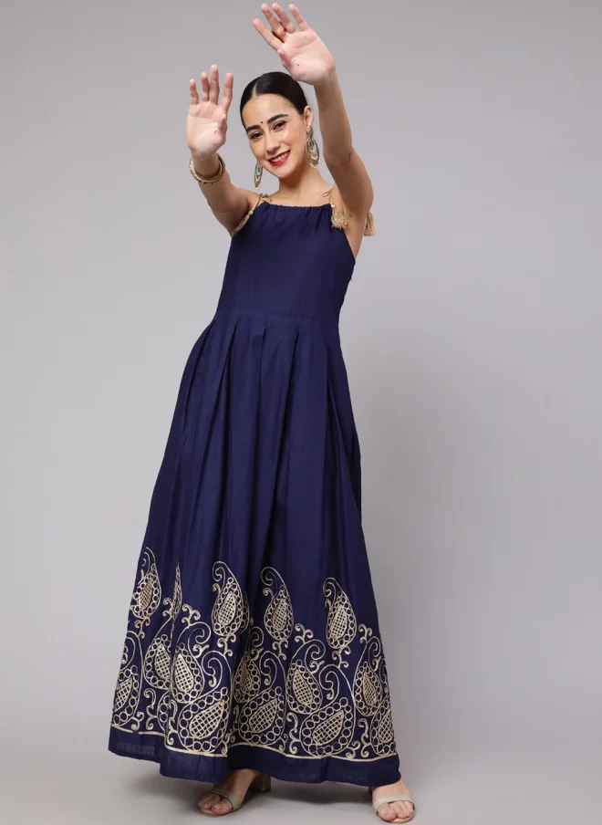 أيه كيه إس Navy Blue Cotton Maxi Dress for Women